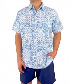 NEW HAPPY BAY men's button down top in mykonos blue